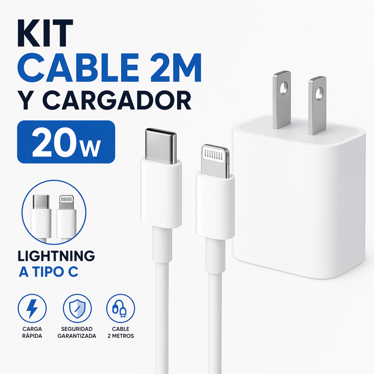 cable lightning con cargador de 20w ubs-c de 2m