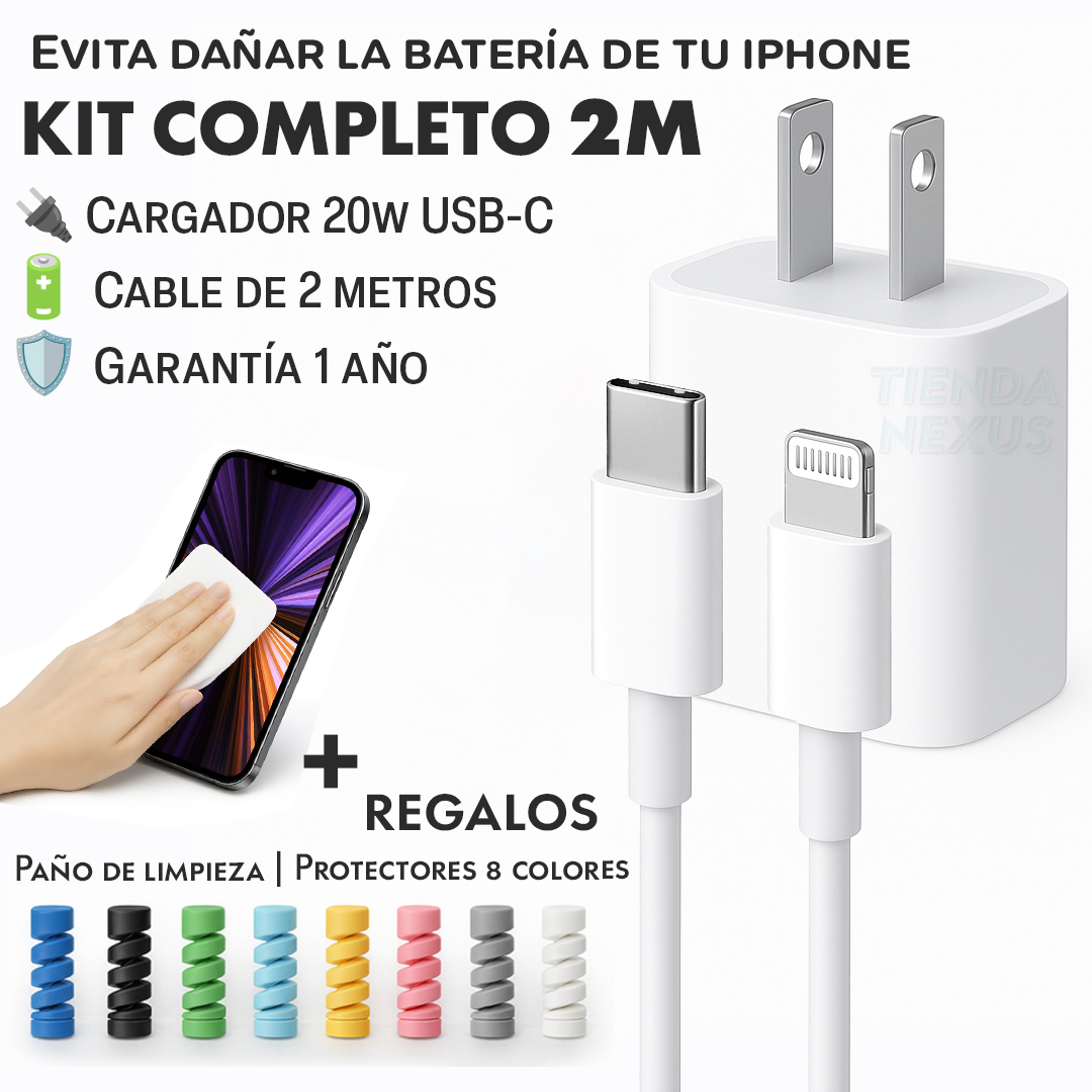 kit de carga rápida de 20w y cable lightnint de 2 metros USB-C para iPhone