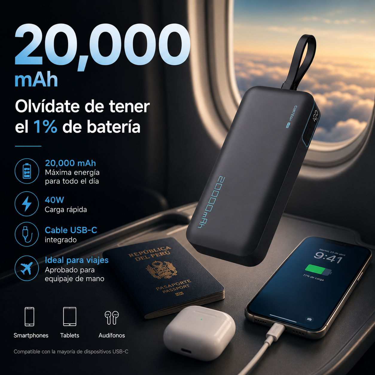 POWER BANK 20000MAH 45W CARGA RÁPIDA USB-C IDEAL PARA IPHONE 17 - CUKTECH CP25