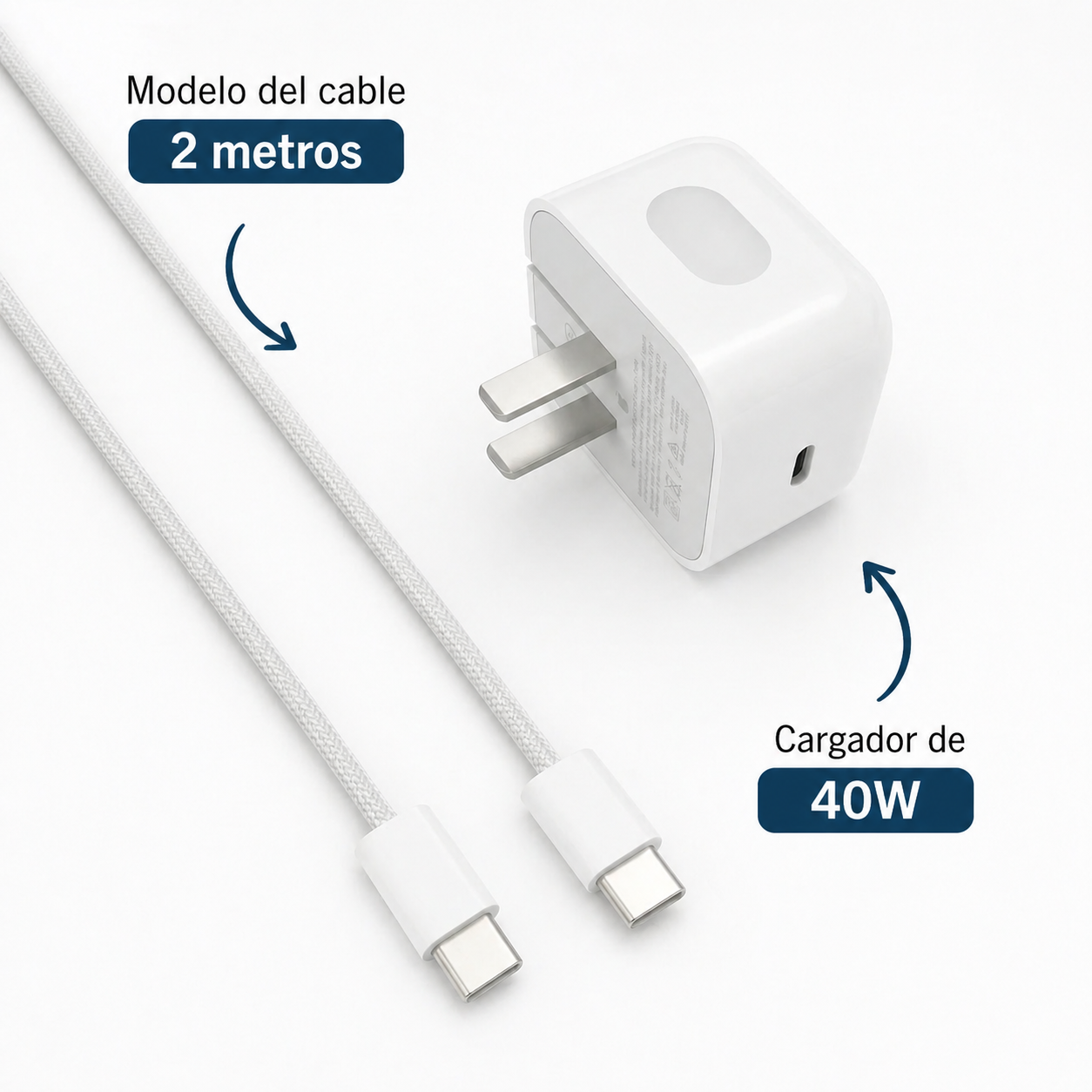 Kit Cargador 40W y Cable USB-C 2M 240w Trenzado - Carga Rápida Compatible iPhone 17 Series